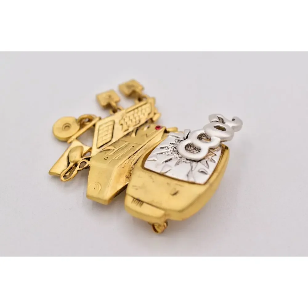 Danecraft Y2K 2000 Computer Brooch Gold Silver Dangle Charm Pin NOS 90s PinA25
